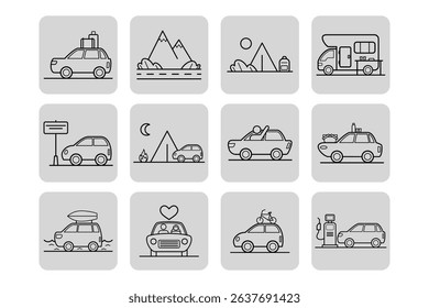 Collection of various line icons representing leisure activities, camping gear, vehicles, and scenic landscapes. Road trips and outdoor exploration concept