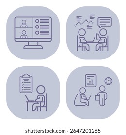 Coleção de vários ícones de linha que representam atividades relacionadas ao trabalho remoto, incluindo videoconferência, reuniões, listas de tarefas e análise de dados no espaço de trabalho moderno