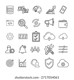 Colección de varios íconos lineales que representan conceptos de tecnología, negocios y datos.