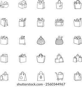 A collection of various lineart illustrations depicting reusable shopping bags, totes, and grocery bags, filled with produce and other items. Emphasis on ecofriendly alternatives to plastic.