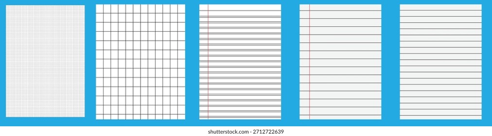 Una colección de varias hojas de papel con bordes azules en un patrón de cuadrícula sobre un fondo blanco