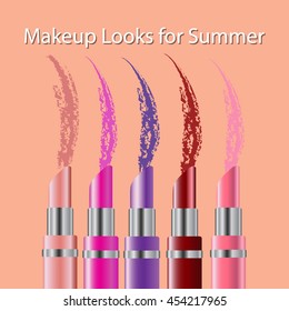 Collection of various lipsticks on brown background