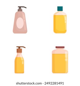 Collection of various liquid soap, dispenser, and shampoo bottles in a flat design