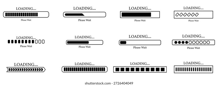 Collection of various loading bar icon. Buffering stripes, download timeline, battery charging level, progress indicators, status tracker and more. Loading bar progress icon. Vector illustration.
