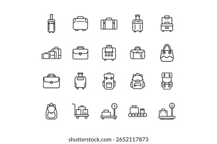 A collection of various luggage icons, including suitcases, backpacks, and bags, all rendered in a minimalist black line art style.