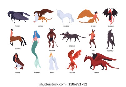 Collection of various magical mythical creatures isolated on white background. Bundle of flat cartoon characters and heroes of fairy tales, fantasy legends, mythology. Colorful vector illustration.