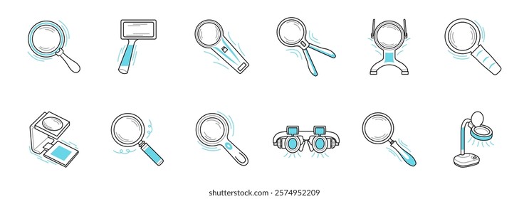 A collection of various magnifying glass designs including handheld, stand mounted, and illuminated options.