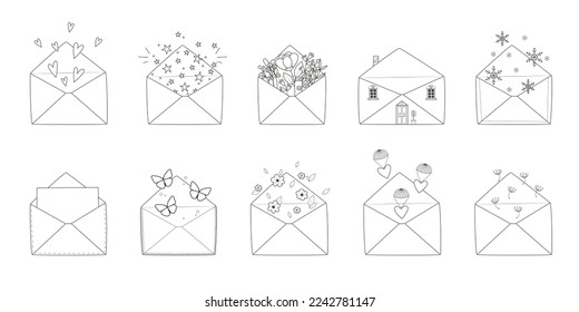 Collection of various mail envelopes with a hearts, stars, flowers and other decor. Vector illustration isolated on a white background