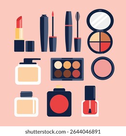 Collection of various makeup and cosmetic products.