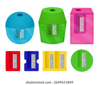 Collection of various manual pencil sharpeners in different shapes and colors with plastic shaving containers.