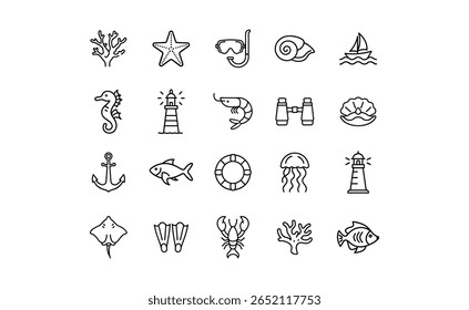 A collection of various marine-themed icons, including a seahorse, starfish, and sailboat, all rendered in a clean, minimalist black and white line art style.