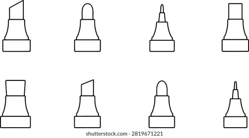 Collection of various marker pen nib shapes and tip types in a simple outline icon set