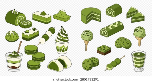 A collection of various matcha-flavored desserts, including cakes, cookies, ice cream, mochi, and beverages, all in green hues.