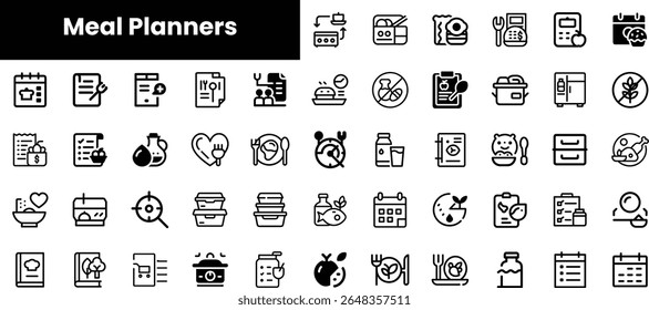 A collection of various meal planner icons in black and white, showcasing tools and symbols for healthy eating and organization.