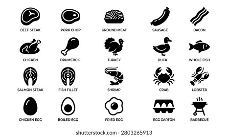 Collection of various meat, poultry, seafood, and egg vector icons. features beef steak, pork chop, ground meat, sausage, bacon, chicken, drumstick, turkey, duck, whole fish, salmon steak, fish fillet, shrimp, crab, lobster, chicken, boiled, fried, egg carton, and barbecue grill. perfect for menus, food blogs, and grocery store designs.