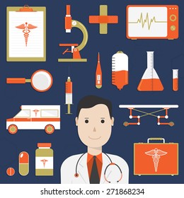Collection of various Medical elements with cartoon of a smiling doctor on blue background. 
