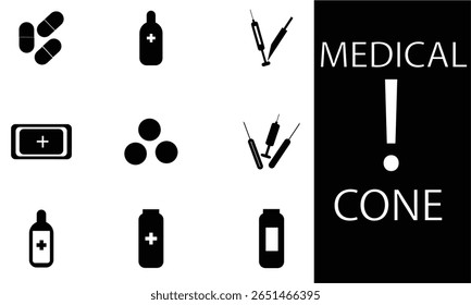 Uma coleção de vários ícones médicos como seringa, pílulas, frasco e sinal de emergência em um estilo vetor limpo. Melhor para uso hospitalar, clínico, aplicativo de saúde ou farmacêutico.