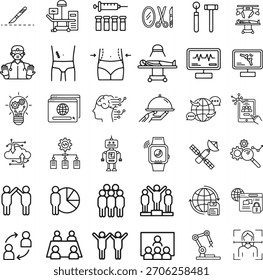 Collection of various medical technology and human interaction icons line art.