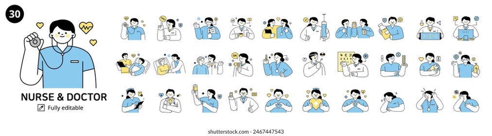 A collection of various medical worker characters. Hospital departments and emotional expressions. simple outline vector illustration.