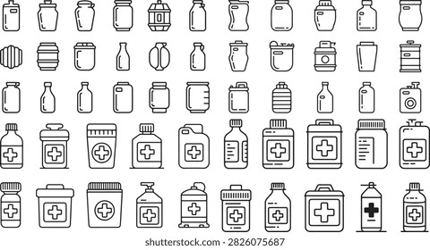 Collection of Various Medicine Bottles and Containers with Different Shapes Sizes and Labels Suitable for Healthcare and Pharmacology Concepts