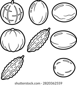 A collection of various melons and gourds for a children's coloring book or educational worksheet.