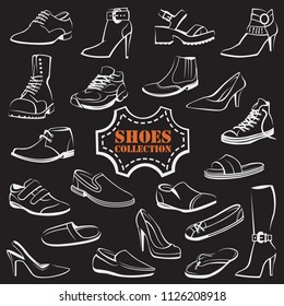 collection of various men's and women's shoes on black background
