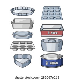 Collection of various metal bakeware, including cake pans, muffin tins, a loaf pan, tart pan, and a springform pan, for home baking