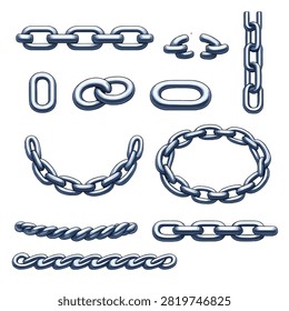 A collection of various metal chains and links arranged on a white background.