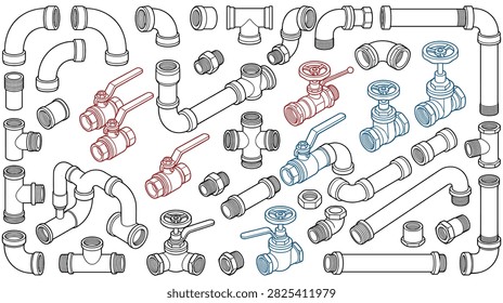 Collection of various metallic plumbing components and valves. Detailed isometric line art of pipeline connections and industrial hardware elements.