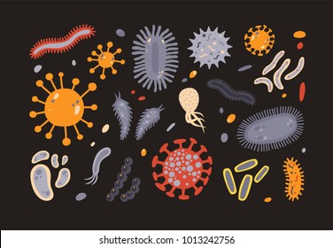 Collection of various microorganisms isolated on black background. Set of germs, pathogens, protozoa, microbes. Bundle of disease causing bacteria and viruses. Colorful flat vector illustration.