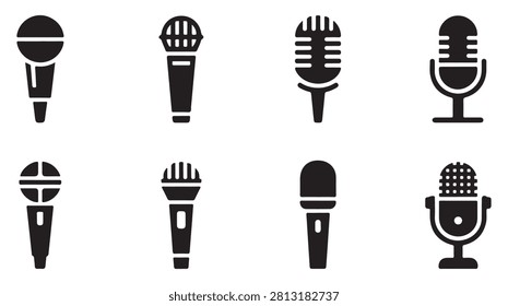 Collection of various microphone symbols for recording broadcast podcasting audio and musical vocal projects.