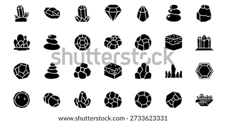 Collection of various mineral and gemstone icons in black and white, showcasing different types of stones and minerals in a grid layout.