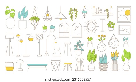 Collection of various minimalist home decor elements for living room. Flat outlined vector illustration.