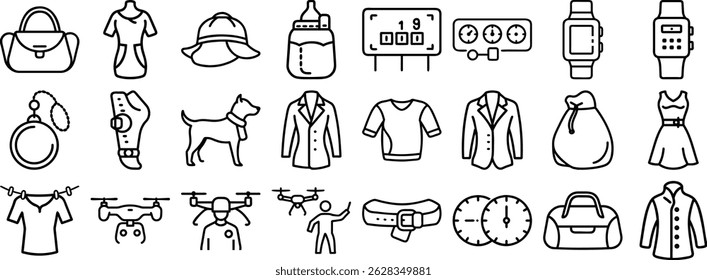 Collection of various minimalist outline icons representing fashion accessories and everyday objects with detailed design