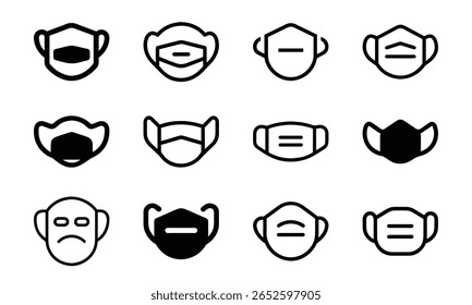 Collection of various minimalistic iconographic illustrations of protective face masks for healthcare and safety