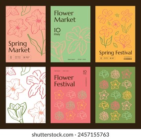 Una colección de varios carteles minimalistas con flores dibujadas a mano en tonos pastel para el mercado de primavera.