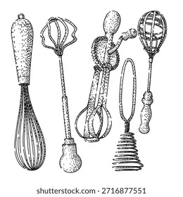 Collection of various mixing tools, including a balloon whisk, spiral whisk, and rotary egg beater, illustrated in a vintage sketch style on a white background