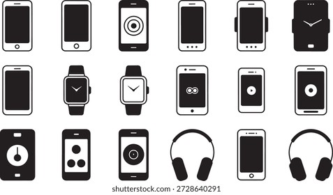 Collection of various mobile devices and wearable technology icons including smartphones, smartwatches, and headphones, presented in a clean black and white design.