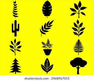 collection of various model of plants and trees icons in black.