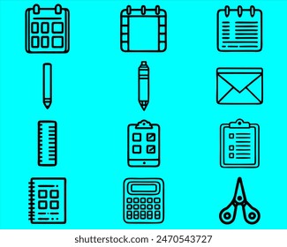 collection of various model of stationery thing icons in black.