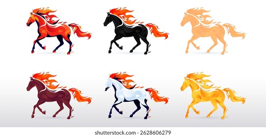 Collection of various models of running fire horses for design elements themed Chinese New Year celebrations, New Year Celebration Elements, Year of the Horse 2026