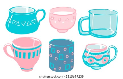 Collection of various modern cups decorated with design elements. Illustration of a set of cute trendy tableware.