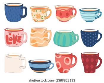 A collection of various modern cups decorated with design elements. Set of colored mugs with coffee tea. Cute trendy drinkware with handle. Vector illustration