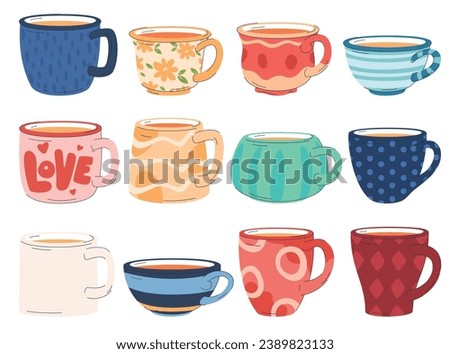 A collection of various modern cups decorated with design elements. Set of colored mugs with coffee tea. Cute trendy drinkware with handle. Vector illustration