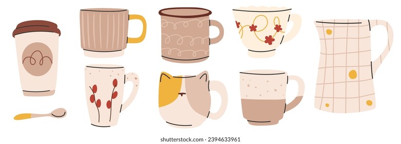 Collection of various modern cups, jewelry design elements vector flat illustration. Beige tableware set. Cute fashionable tableware mugs, teapot and spoon