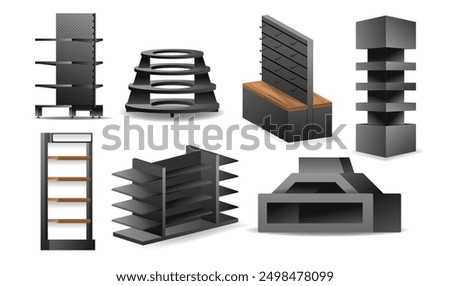 Collection Of Various Modern Retail Display Racks And Shelves In Different Designs. Perfect For Showcasing Products