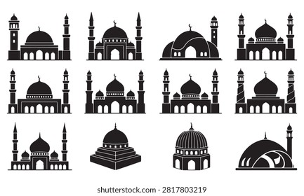Collection of various mosque building silhouettes with minarets and domes for religious graphic or architectural icons.