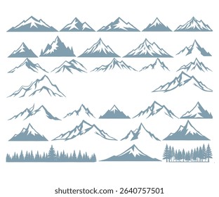 Collection of various mountain range silhouettes, including snowy peaks and evergreen forests, ideal for logos or design elements.