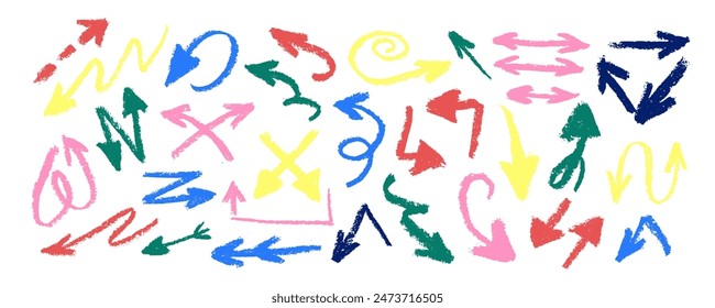 Collection various multi colored charcoal arrows. Trendy design with  shapes arrows. Brush drawn grunge style background with geometric elements, curved  lines.  