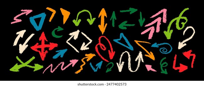 Collection various multi colored charcoal arrows on the black background. Trendy design with  shapes arrows. Brush drawn grunge style background with geometric elements, curved  lines.  